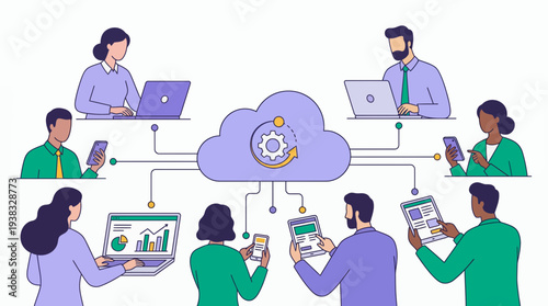 Diverse business professionals collaborating via cloud computing with sync and data processing icon, concept for network infrastructure, remote teamwork and digital workflow management