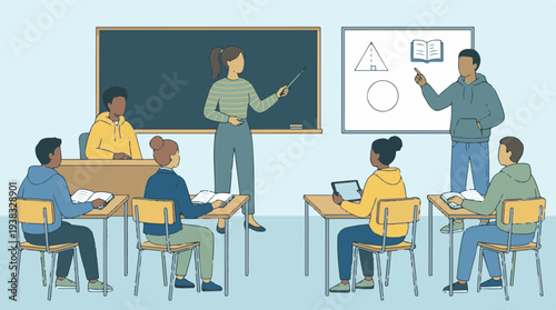 Teacher Explaining Lesson to Diverse Students in a Modern Classroom
