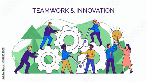 Group of business professionals collaboratively turning large gears, concept for project management presentation, corporate strategy illustration and startup teamwork campaign