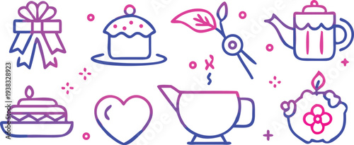 A collection of delicate linear icons depicting gifts food and tea related items in pastel hues