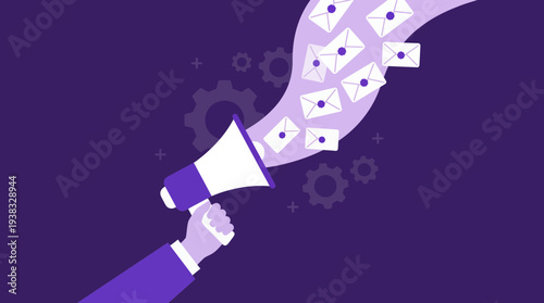 Businessman hand holding megaphone broadcasting email messages with gears, concept for digital marketing strategy, communication plan and mass announcement