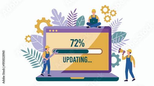 Technicians performing system update on laptop screen with progress bar, concept for software installation, IT support service and tech maintenance announcement
