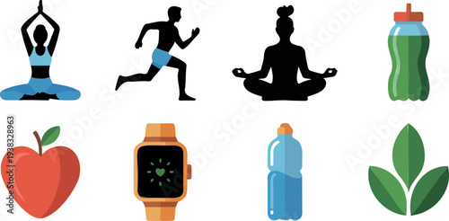 Modern wellness icons set depicting yoga meditation running man fruit water bottle and smart fitness technology