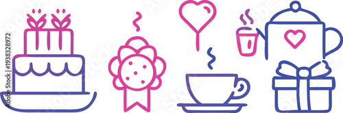 A collection of vibrant purple line icons depicting celebratory treats and gift items high quality professional