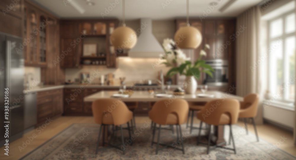 Fototapeta premium Elegant kitchen setting with soft light blur and bespoke furniture arrangement
