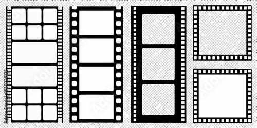 Black and white filmstrip frames arranged on a textured background