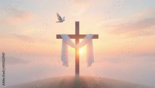 Christian cross with white cloth and dove against sunrise background.