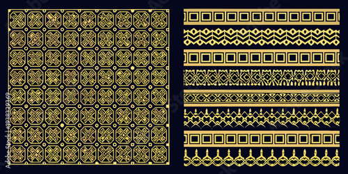 Golden ornamental patterns and borders on a dark background
