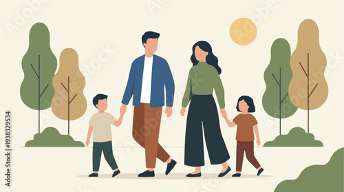Happy family with two children walking together in a park illustration