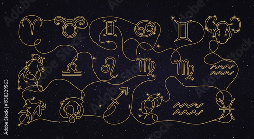 Collection of Zodiac Constellations and Symbols in Golden Outline.
