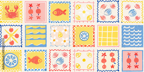 Colorful patchwork quilt featuring marine life and fruity illustrations