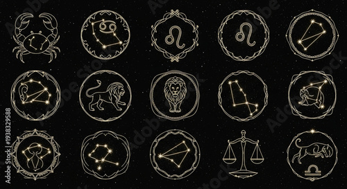 Collection of Zodiac Constellations and Symbols on Black Background.