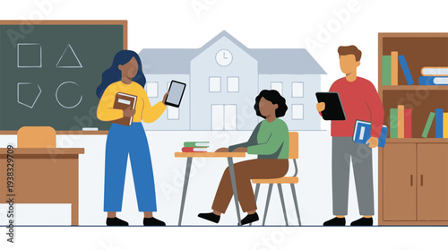 Modern education with teachers, student, and digital learning devices