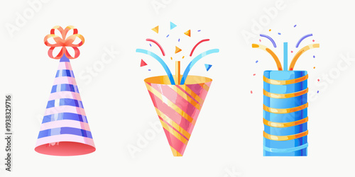 Colorful party poppers and a striped party hat illustration