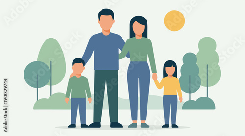 Minimalist illustration of a happy family with two children in a park
