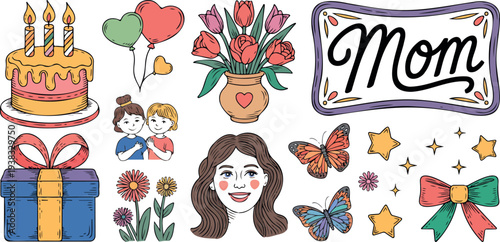 Mothers day doodle collection with cake, balloons, flower bouquet, gifts, and a happy mom