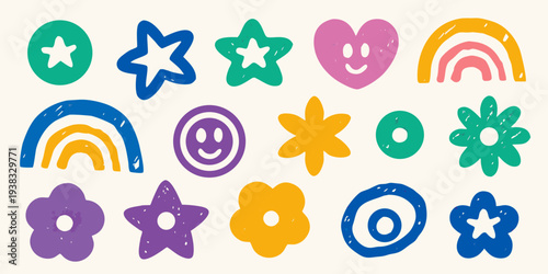 Colorful hand drawn shapes and smiling faces in a playful arrangement