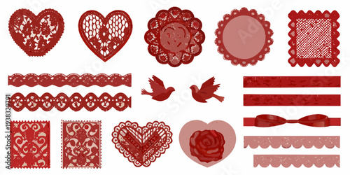Red paper cutouts featuring hearts birds and decorative lace elements