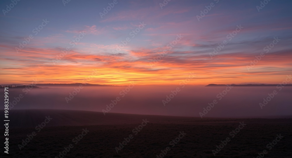 Obraz premium Dusk scene of a foggy landscape with vibrant sunset and fading light