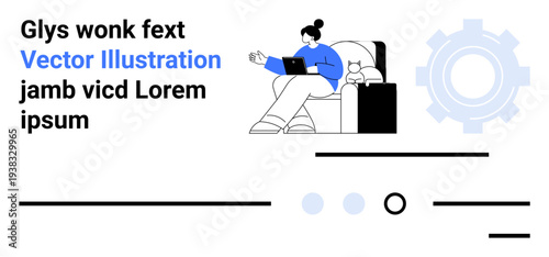 Woman using laptop on couch, cat next to her, text blocks, gear icon, horizontal lines, dots. Ideal for productivity, remote work, comfort, technology, design, business. Landing page
