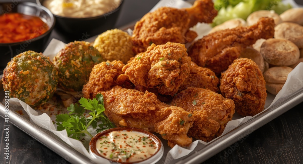 Fototapeta premium Crispy fried chicken platter served with fresh side dishes and traditional seasonings