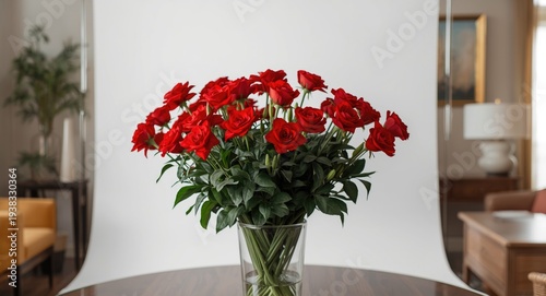 Bright red flowers arranged in a vase set against a white background in a tastefully decorated room