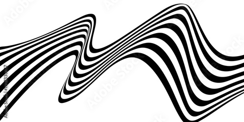 Abstract black wavy stripes forming a flowing, ribbon-like pattern on a white background. design features dynamic curved lines creating a sense of depth, movement, and modern optical style