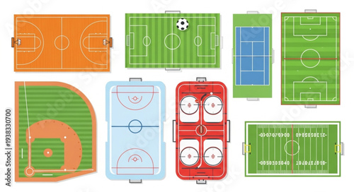 Collection of various sports fields and courts from a top view.