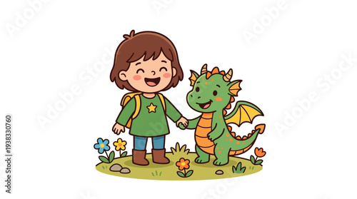 A cheerful young boy with a backpack and a friendly green dragon are holding hands in a grassy field with flowers