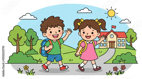 Happy children, a boy and a girl with school bags, walk to school waving on a bright day, a cheerful cartoon depicting early education and friendship