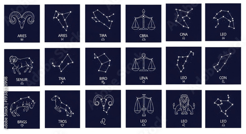 Collection of Zodiac Constellations and Symbols on Dark Blue Background.