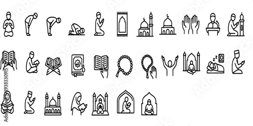 29 liner icon for islamic worship rituals showing prayer positions reading quran using beads and mosque activities.