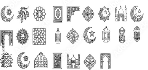25 liner icon for ramadan kareem and islamic decoration with crescent moon star lanterns and arabesque pattern.