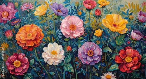 Colorful oil painting capturing the intricate beauty of blooming flowers in a vibrant garden scene
