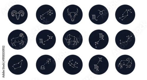 Collection of Zodiac Constellations and Symbols on Dark Circles.