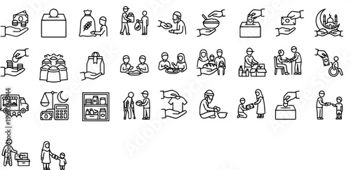 29 liner icon for zakat and islamic charity showing people giving money food and helping the needy.