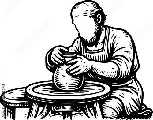 Vintage Potter at Wheel Making Clay Pot Woodcut