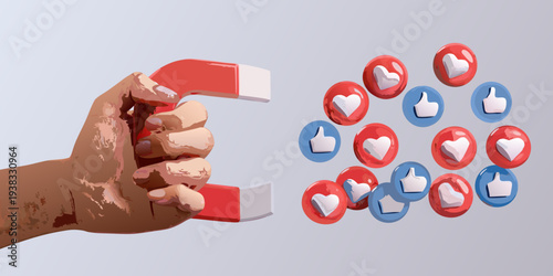 A hand holding a magnet attracting social media like and heart icons