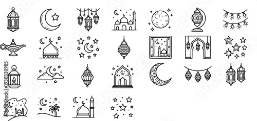 25 liner icon for ramadan night sky and decoration with hanging lanterns stars moon and mosque silhouette.