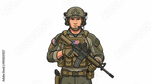 An American military soldier in full gear and helmet holds a rifle with a serious expression on a clean white background