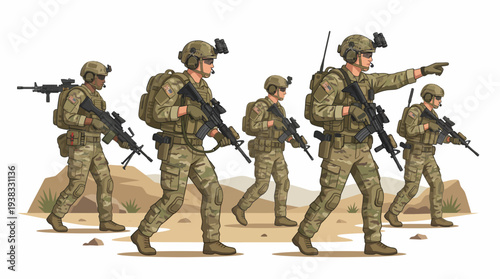 An American military squad of soldiers in camouflage gear and helmets walking in a desert landscape with weapons