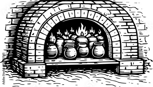 Vintage Pottery Kiln Furnace with Jars Woodcut Illustration