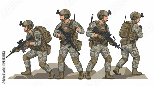 Four American military soldiers in camouflage gear and helmets marching in formation with rifles and backpacks on a plain background
