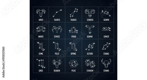 Collection of Zodiac Constellations and Symbols on Dark Background.