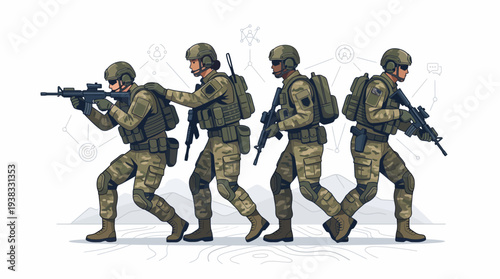 An American military squad of soldiers in camouflage uniforms and helmets marching in formation with weapons