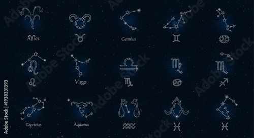 Collection of Zodiac Constellations and Symbols on Dark Background.