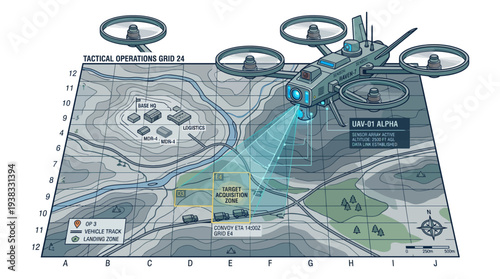 Aerial view of a drone flying over a topographic map with a laser targeting system, conveying a sense of military precision and technology