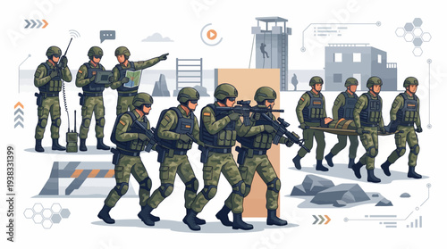 Illustration of American military soldiers in green camouflage uniforms and helmets moving tactically with guns in a city setting with industrial buildings and a gray background