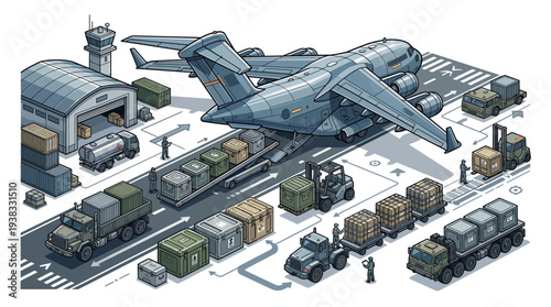 An armored military transport plane on a runway with trucks and cargo containers, conveying a sense of security and protection