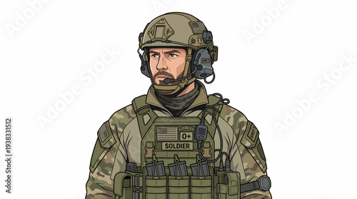 An American military soldier wearing a helmet and armor gear stands guard with a serious expression